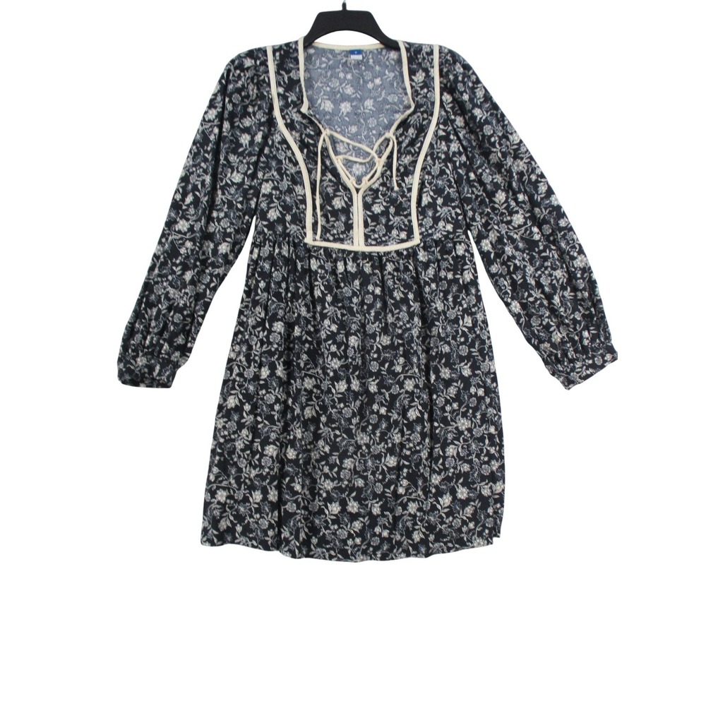 Old Navy Women Floral Lace Up Long Sleeve Mini Babydoll Dress Navy Blue Size M